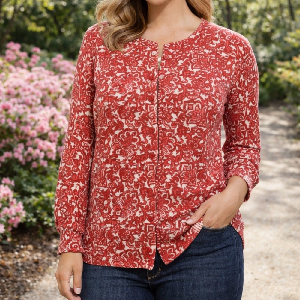 Talbots Womens Cardigan Sweater Red Pink Cream Cotton X 16 18 20 NWT